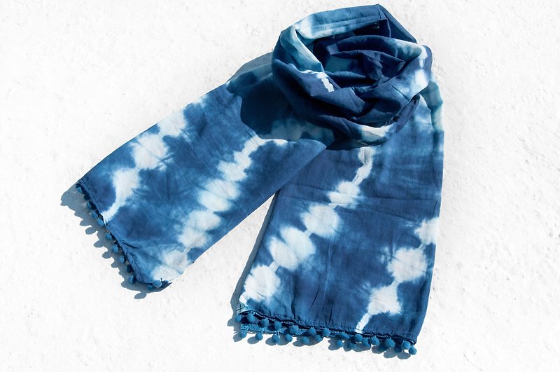 Blue dyed silk scarf / batik tie dyed silk scarf / plant dyed scarf / indigo gradient cotton scarf - blue ocean - ผ้าพันคอถัก - ผ้าฝ้าย/ผ้าลินิน สีน้ำเงิน