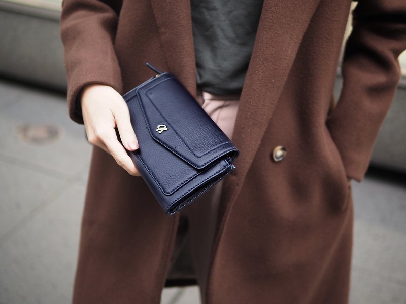 AVA (Navy) : long wallet, navy wallet , cow leather wallet - 長短皮夾/錢包 - 真皮 藍色