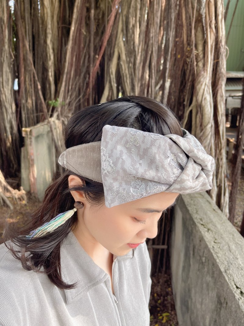 波浪紋拼接蕾絲 鬆緊寬髮帶 - 髮箍/髮帶 - 棉．麻 灰色