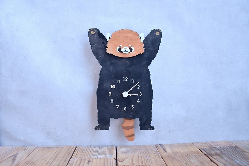 A clock where the red panda conveys his feelings not only with his hands but also with his tail. Wooden pendulum clock. Wall clock. - นาฬิกา - ไม้ สีนำ้ตาล