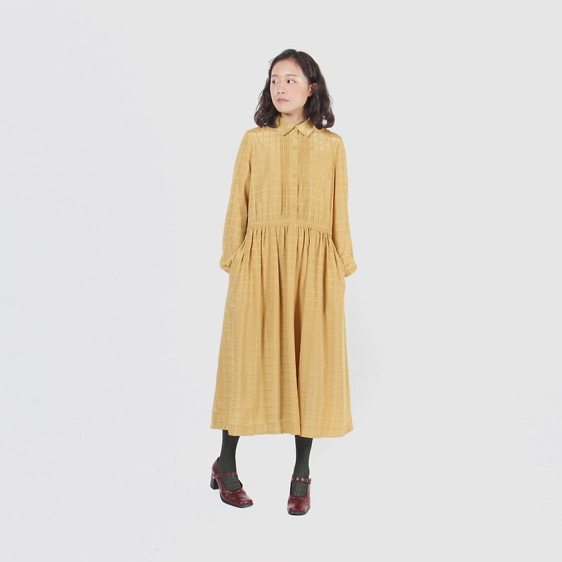 [Egg Plant Vintage] Jin Geqiao Crisp Print Vintage Dress - ชุดเดรส - เส้นใยสังเคราะห์ สีเหลือง