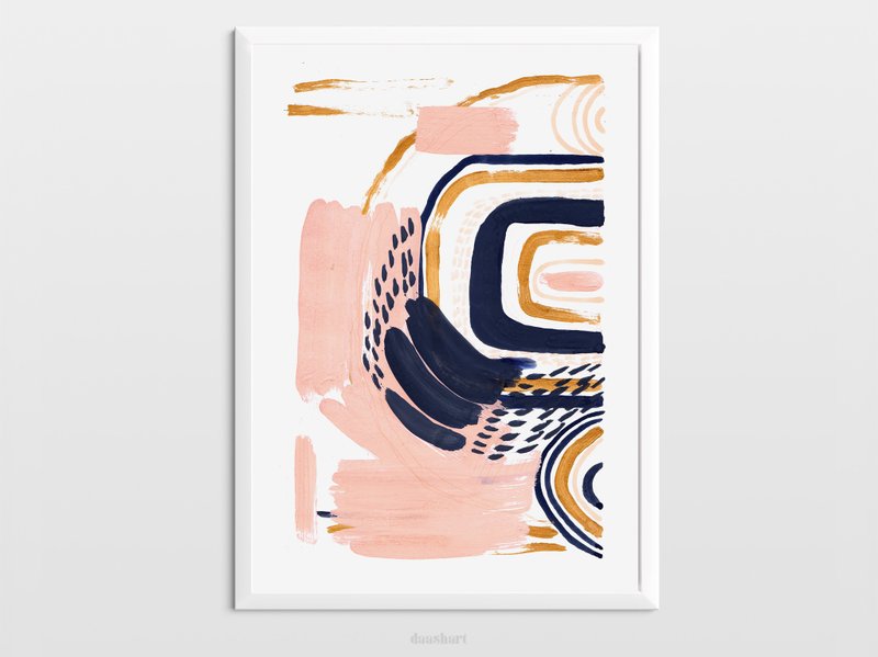 Blue pink gold abstract wall art original painting gouache artwork modern poster - 海報/掛畫/掛布 - 紙 藍色
