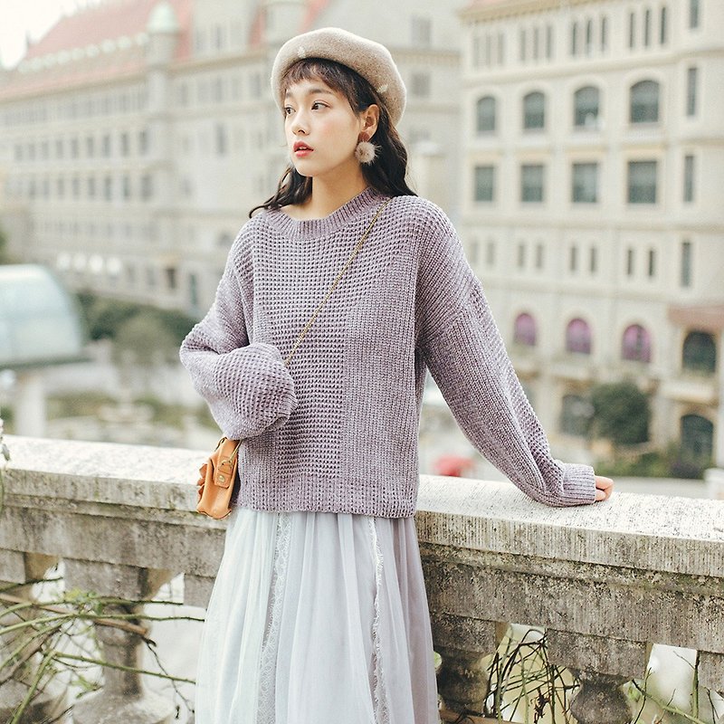 2018秋冬女裝新品粗線編織圓領針織衫 - 毛衣/針織衫 - 聚酯纖維 紫色