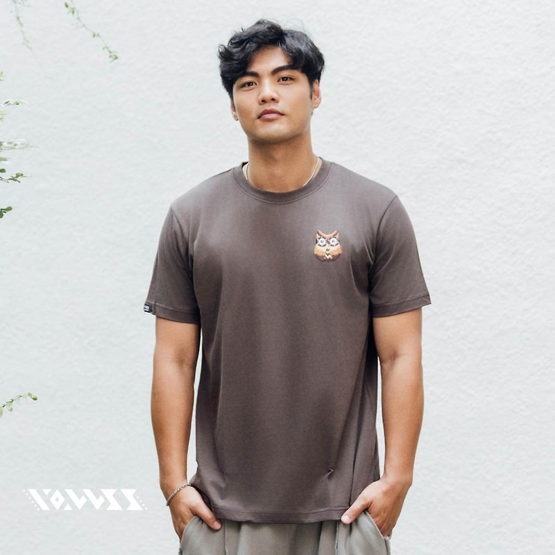 [Forest Animal Series] Owl Ekong Patch T Unisex Style (Mocha) - Men's T-Shirts & Tops - Cotton & Hemp Brown