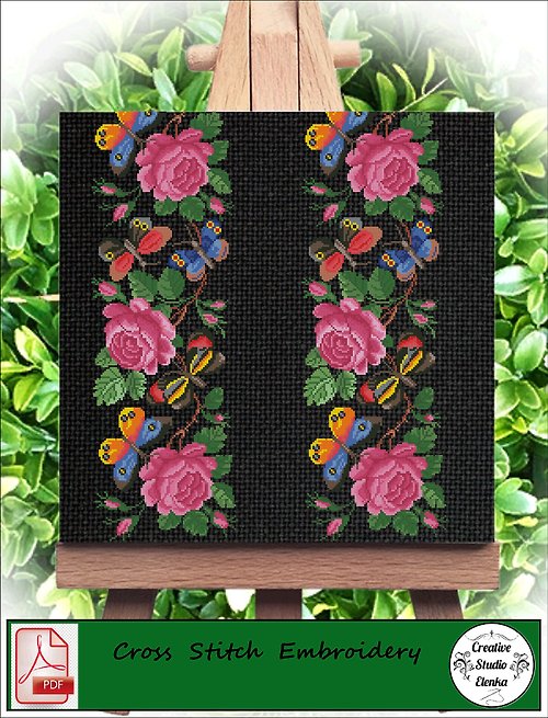 CreativeStudioElenka Vintage Cross Stitch Scheme Rose and butterfly pattern - PDF Embroidery Scheme