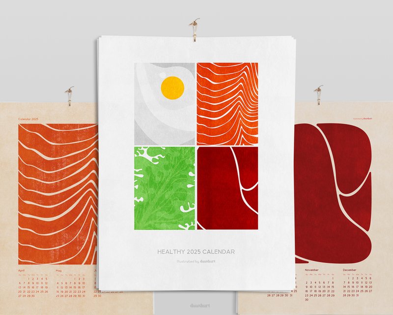 Healthy 2025 Printable Calendar Abstract Fried Eggs Salad Salmon Beef Meat Wall - 其他數位設計 - 其他材質 
