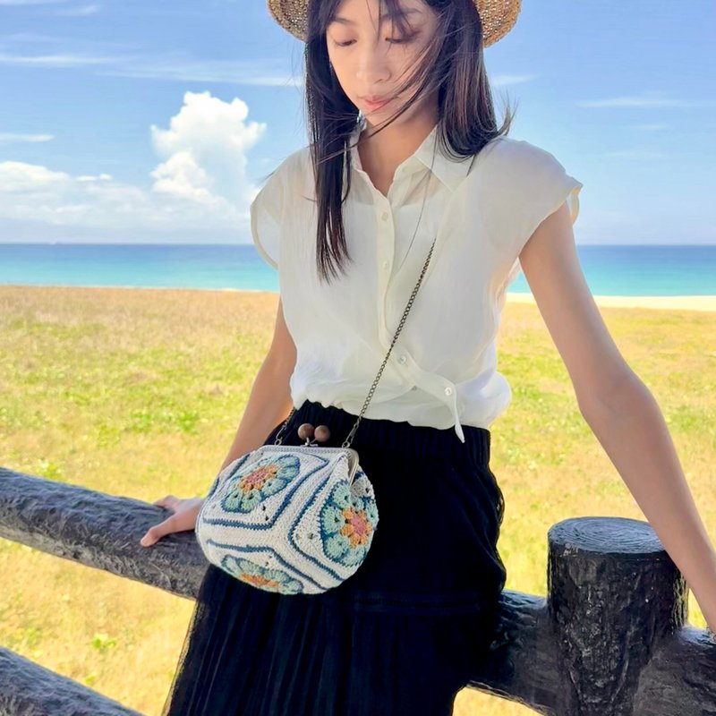 昭和午後・復古花格鉤織斜背口金包 加大款 側背包/斜背包 - 側背包/斜背包 - 棉．麻 