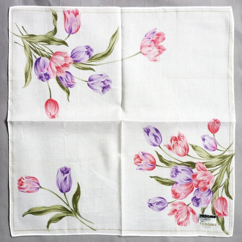 renoma Paris Vintage Handkerchief Women Handkerchief Tulips 17x17インチ - ハンカチ - コットン・麻 レッド