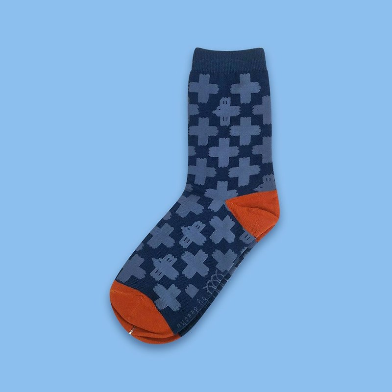 朱緹的豬蹄 FAMILY 品牌印花棉襪【單入 藍橘】 - 襪子 - 棉．麻 藍色