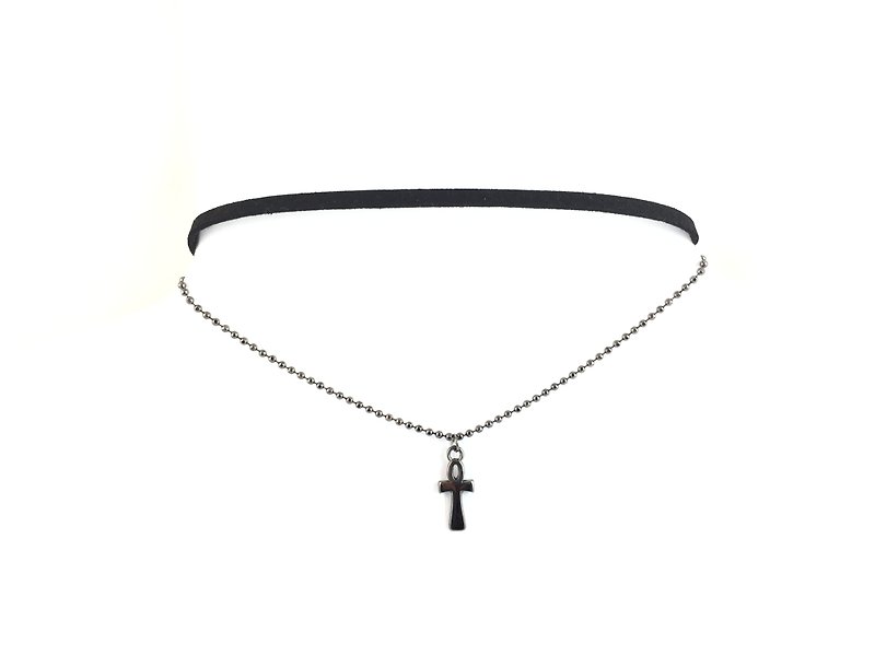 Double Suede Thin Necklace-Black Gold Cross - Necklaces - Genuine Leather Black