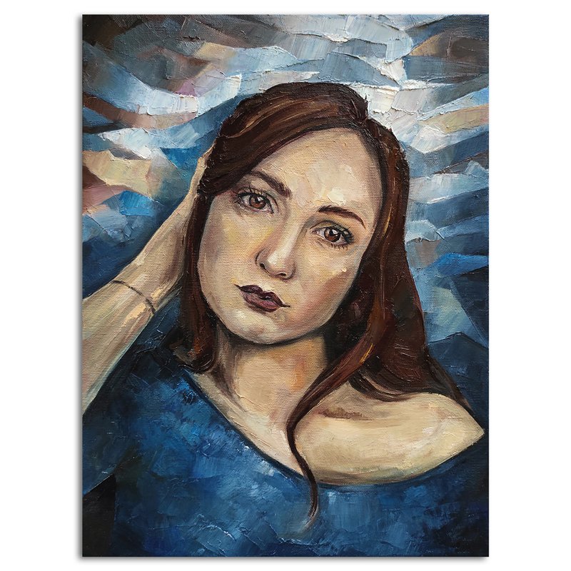 Woman Portrait Hand painted Original Painting Canvas Oil Artwork Girl Wall Art - 海報/掛畫/掛布 - 其他材質 藍色