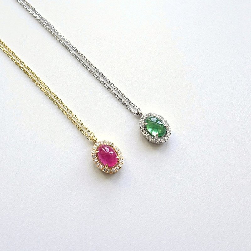 Natural Ruby Tsavorite Oval Cabochon Diamonds Halo Pave 18K Solid Gold Necklace - สร้อยคอ - เครื่องเพชรพลอย 