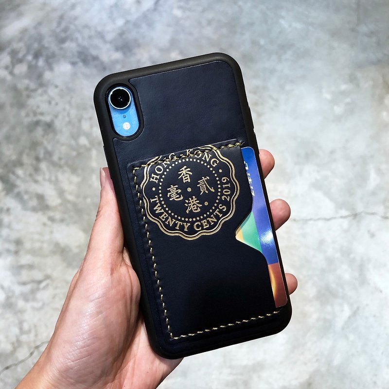 # Finished product manufacturing mobile phone case Hong Kong 2 cents iPhone Hong Kong leather engraved with the name couple 2 cents - เคส/ซองมือถือ - หนังแท้ สีน้ำเงิน