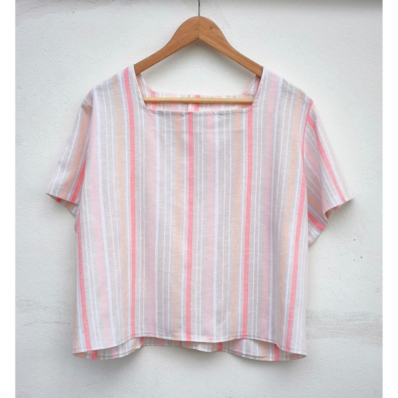 Cotton | Square neck short sleeve shirt, striped pattern - 女上衣/長袖上衣 - 棉．麻 橘色
