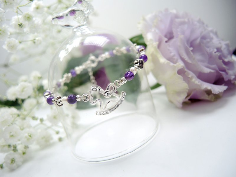客製化禮物-花木馬-繽紛紫水晶佐珍珠925純銀閃耀手鍊 - 手鍊/手鐲 - 寶石 紫色