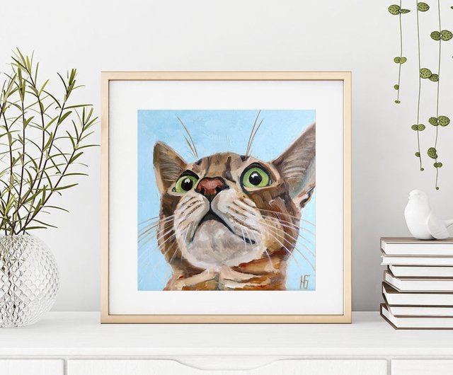 面白い猫の絵のオリジナルアート、かわいいペットの肖像画、猫の壁の
