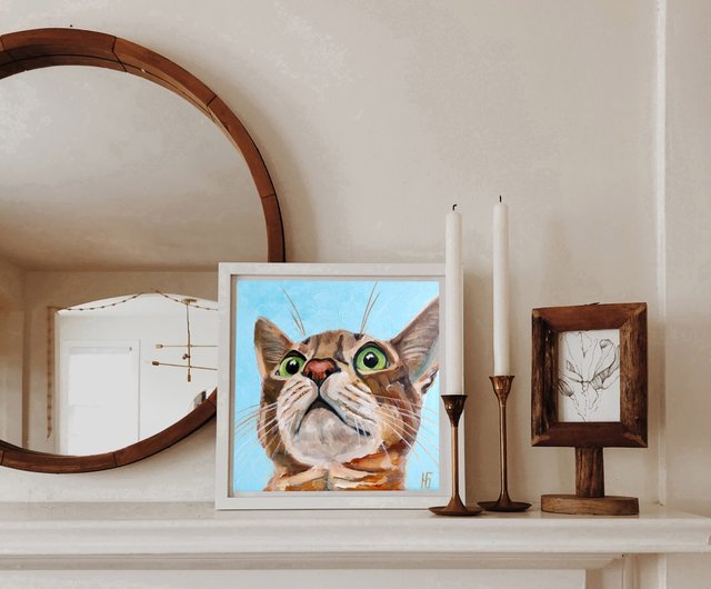 面白い猫の絵のオリジナルアート、かわいいペットの肖像画、猫の壁の