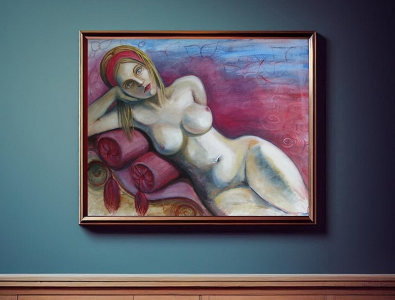 Nude resting girl on sofa large size original oil canvas painting wall decor - 壁貼/牆壁裝飾 - 其他材質 多色