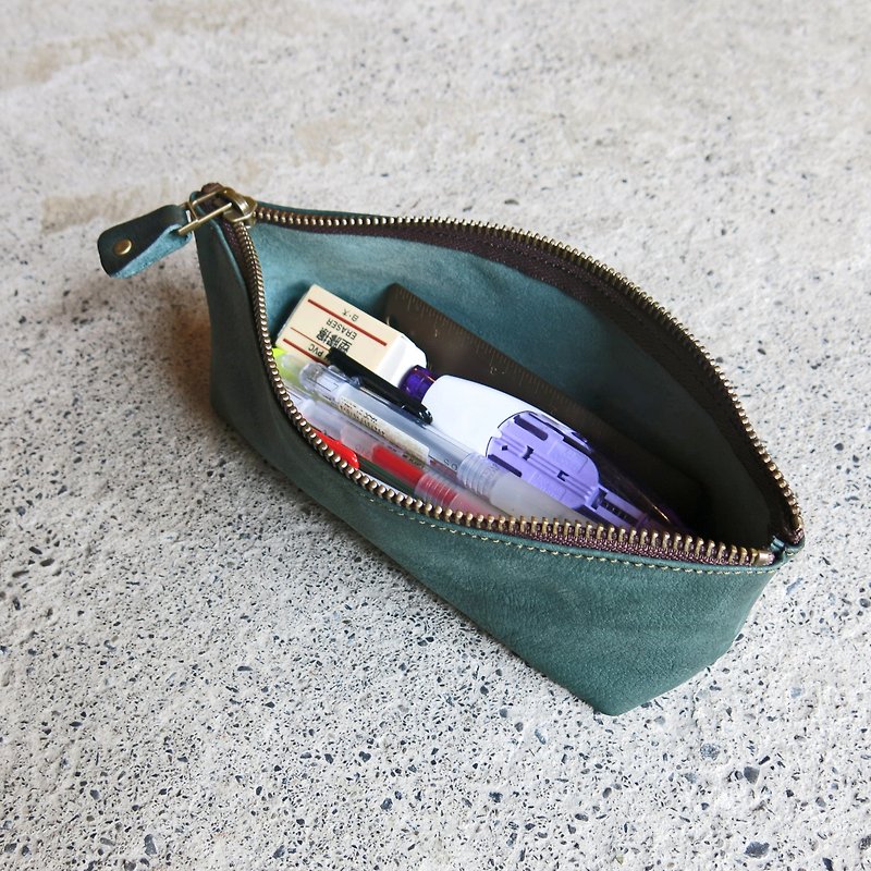 Boat Shape Pencil Bag Large Capacity Peacock Green [LBT Pro] - กล่องดินสอ/ถุงดินสอ - หนังแท้ สีเขียว