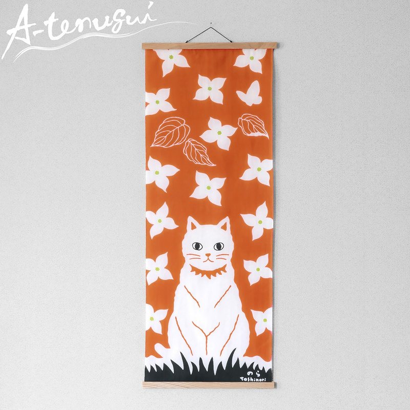 White cat Japanese towel / Brick color/ A-tenugui - Wall Décor - Cotton & Hemp Orange