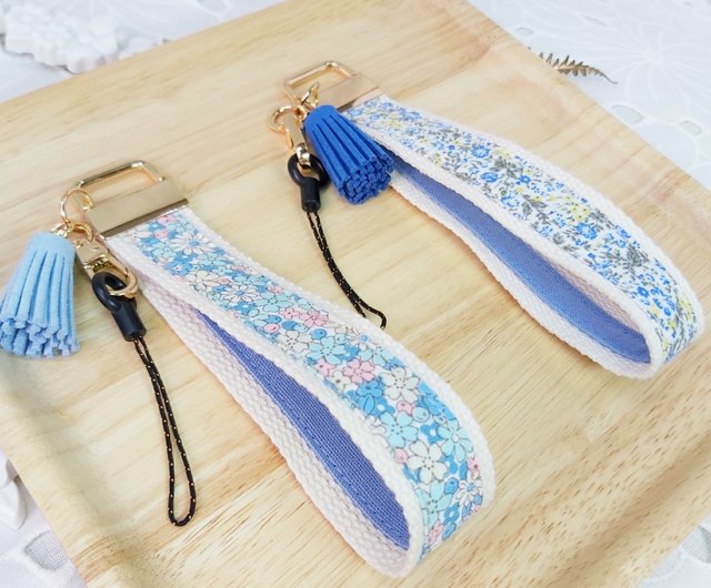 Water blue flower cloth tassel mobile phone anti-drop wrist strap - Shop  Green fields Lanyards & Straps - Pinkoi