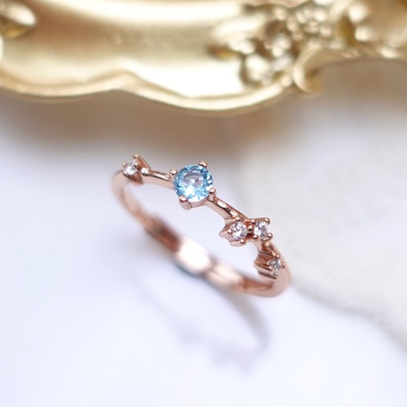 Soft Rose Gold Stone sky blue glossy thread ring tail ring stackable sterling silver ring gift - แหวนทั่วไป - เงินแท้ สีน้ำเงิน