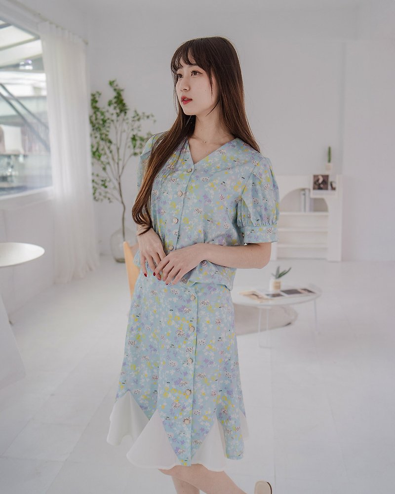 [Boli Print] Teddy Bear Puff Sleeve Short Shirt + Knee Skirt SET Dress Hegu Color - ชุดเดรส - ผ้าฝ้าย/ผ้าลินิน สีน้ำเงิน