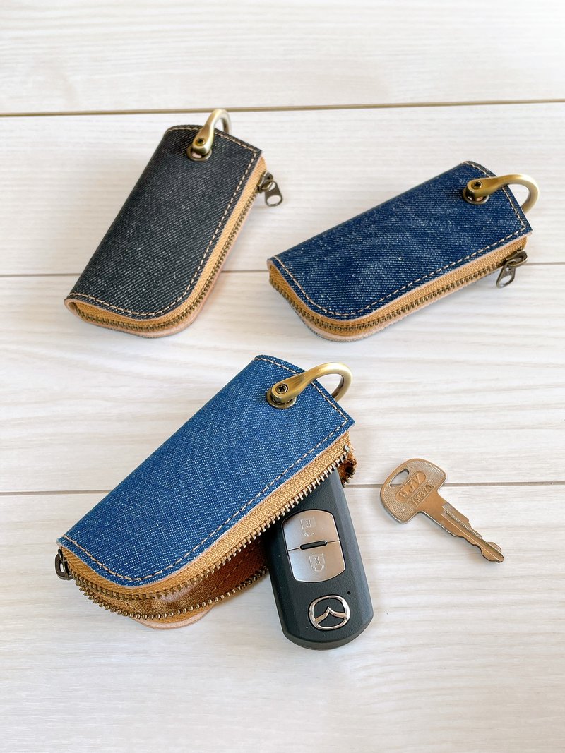 Okayama Denim Genuine Leather Smart Key Case Key Case with Zipper Indigo Black - ที่ห้อยกุญแจ - หนังแท้ สีน้ำเงิน