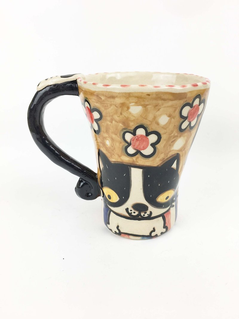 Nice Little Clay Handmade Bell Cup_Flower Cat and Boy 0103-33 - แก้วมัค/แก้วกาแฟ - ดินเผา สีนำ้ตาล