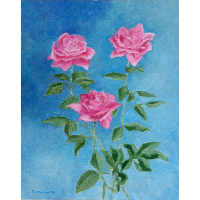 Pink Garden Roses Flowers Original Art Oil Painting Wall Decor Beautiful Roses - โปสเตอร์ - วัสดุอื่นๆ หลากหลายสี