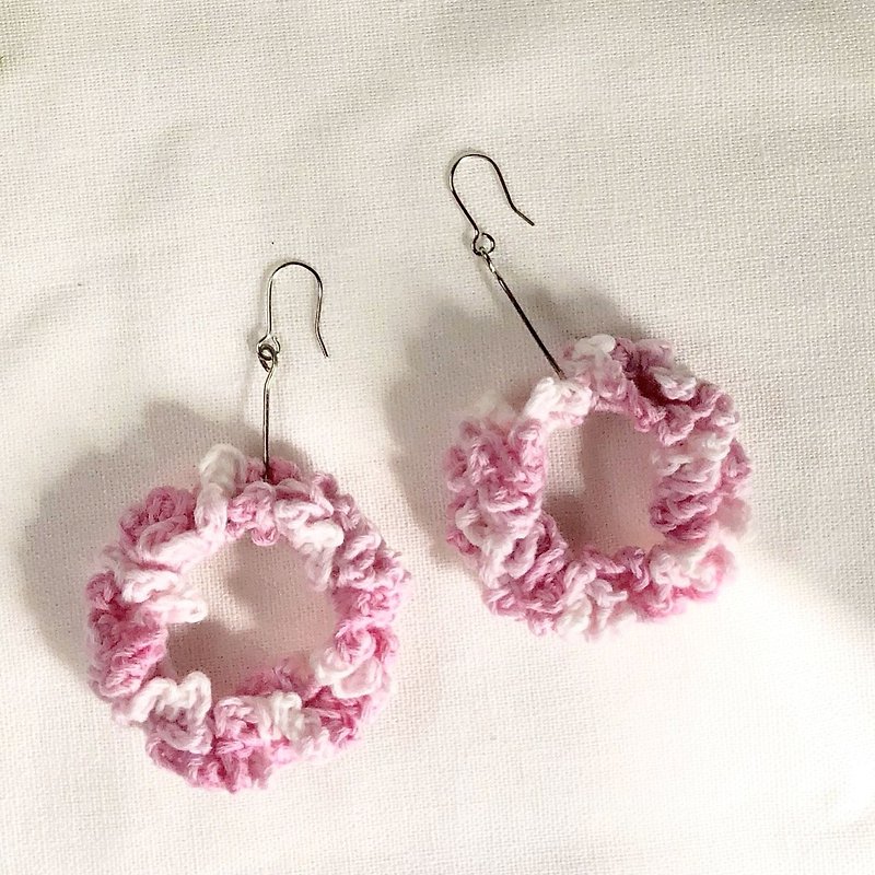 Crochet _ Wreath Dangle Earrings _ Pink - Earrings & Clip-ons - Cotton & Hemp Pink