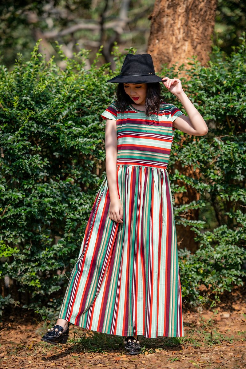 彼岸彩虹 長版洋裝Rainbow Stripe Dress - 連身裙 - 棉．麻 多色