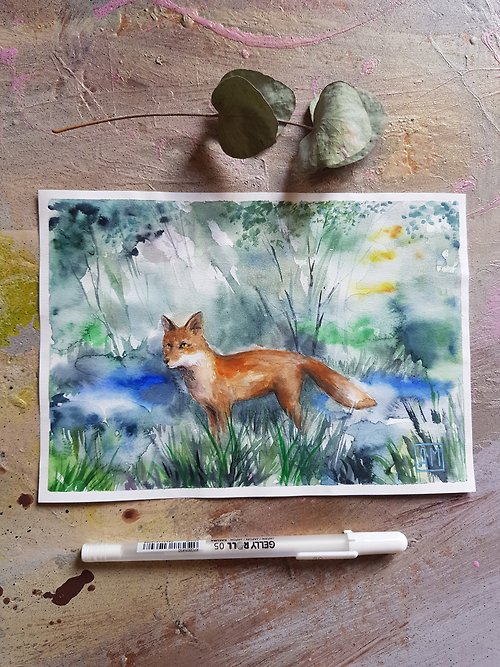 Arina Morozova Fox in the forest 02 - artwork hand painted Watercolor painting on paper