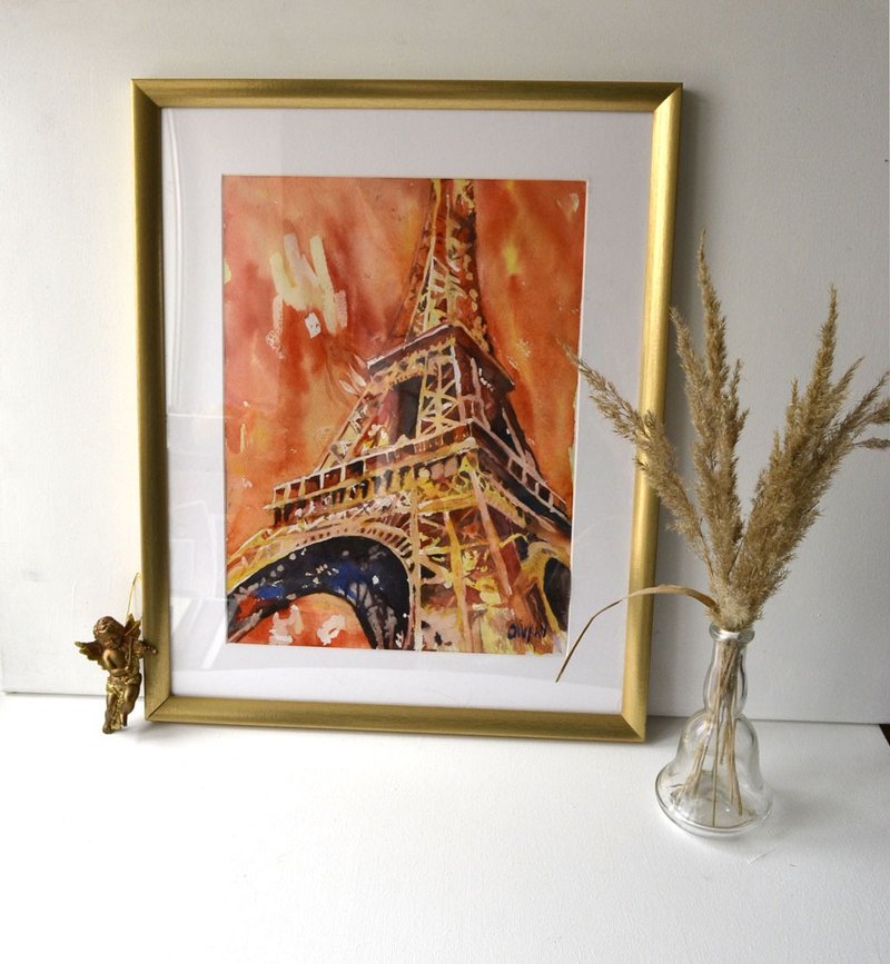 Eiffel tower Art France Landscape Watercolor Painting - 壁貼/牆壁裝飾 - 紙 紅色