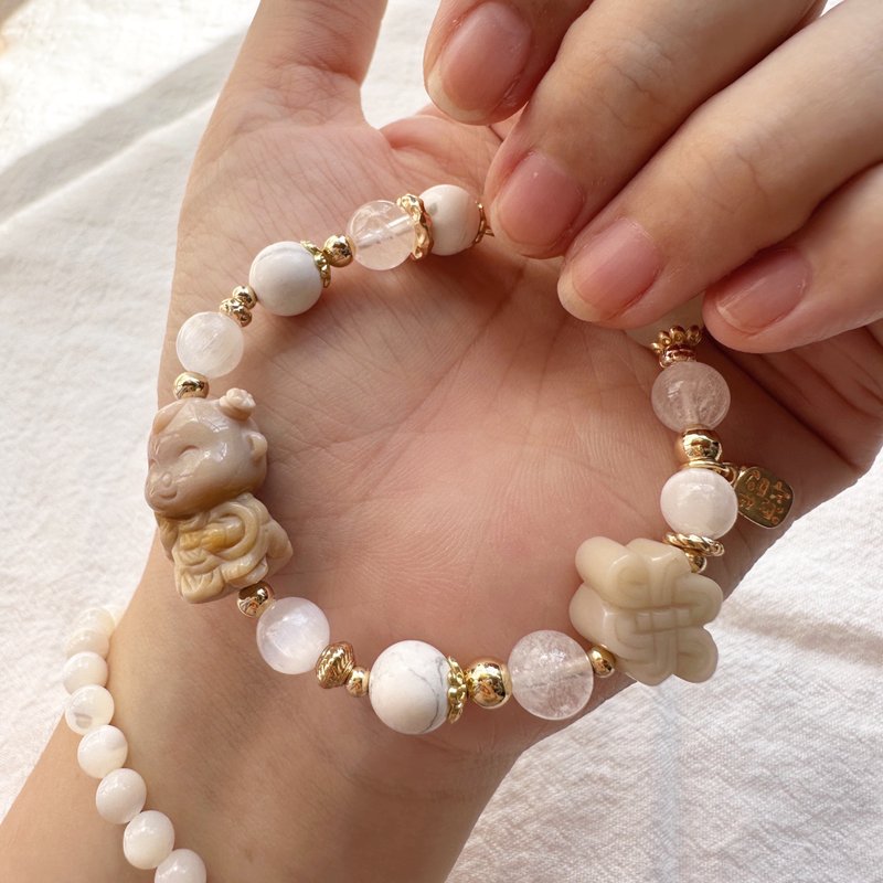 福氣小童心 三太子手鍊 阿拉善手工雕刻 白幽靈 白松石 透石膏 - 手鍊/手環 - 半寶石 白色