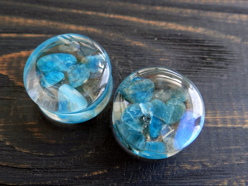 Blue Apatite Stone plugs 0g 00g ear gauges Nautical Resin - 耳環/耳夾/耳骨夾 - 寶石 藍色