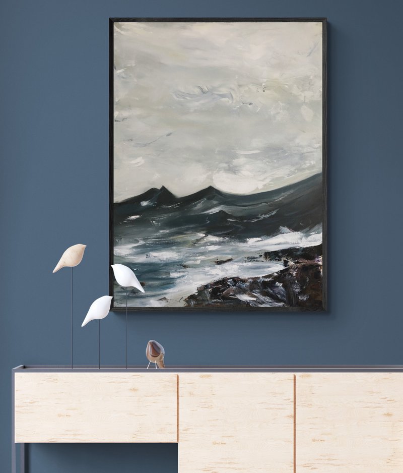 Original Blue Landscape Canvas Gray Large Wall Art Textured Art - 壁貼/牆壁裝飾 - 棉．麻 藍色