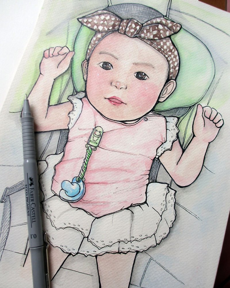 DUNMI Waiting for Rice | Hand-painted Illustration - Single / Hairy Child (A4) - ภาพวาดบุคคล - กระดาษ 