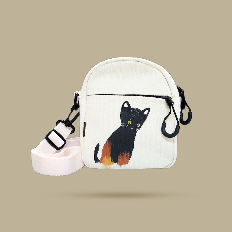 Cat Fur Silk Printed Small Canvas Bag Crossbody Bag (White) / Chieko - Messenger Bags & Sling Bags - Cotton & Hemp White