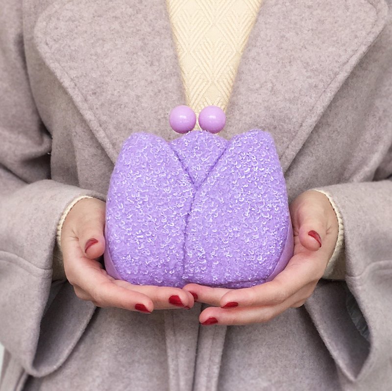 鬱金香短夾 錢包 口金包 小廢包 銀包 零錢包 薰衣草紫 - 錢包/皮夾/長短夾 - 羊毛 紫色