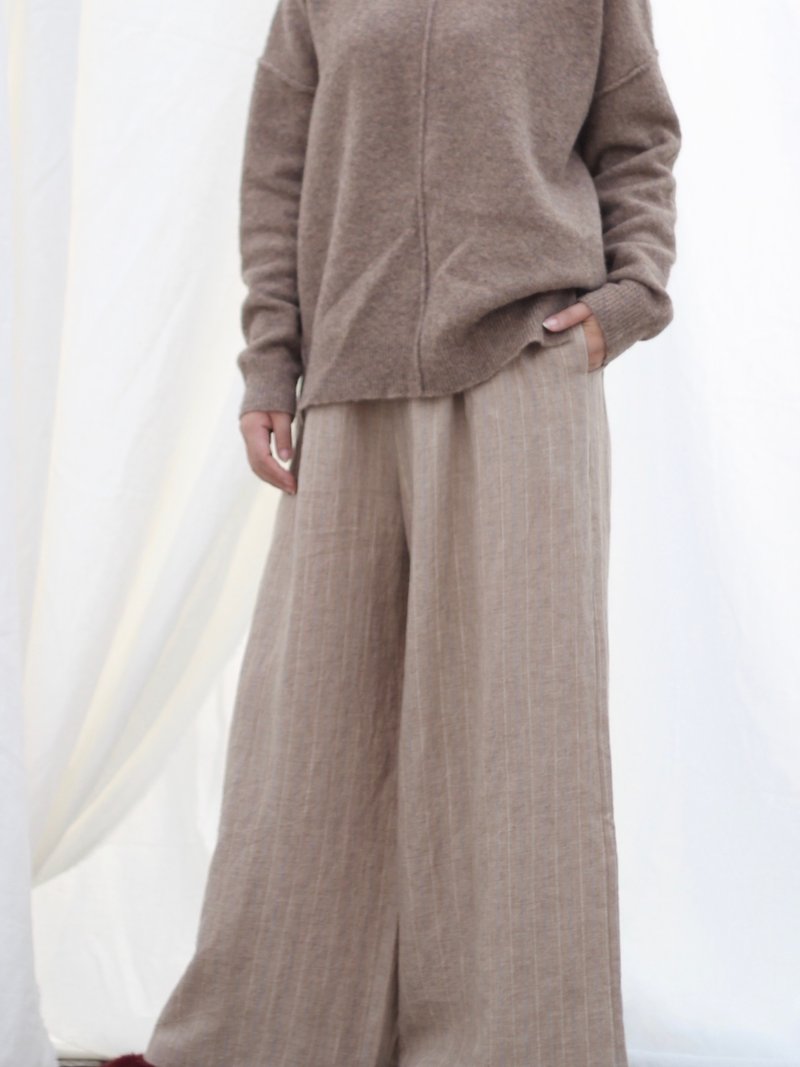 [Spot] original retro literary yarn-dyed linen wide-leg pants - khaki stripes - Women's Pants - Linen Khaki