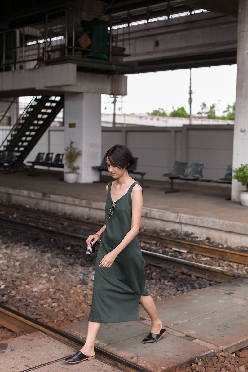 Cotton knit slip dress in Hunter Green - 連身裙 - 棉．麻 綠色