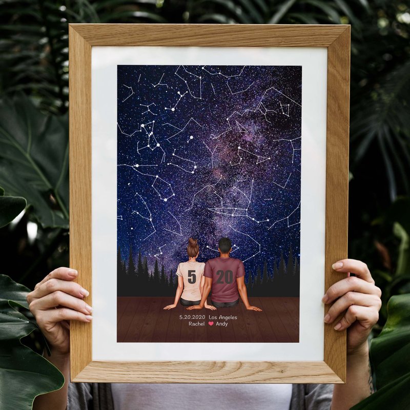 Custom Star Map By Date And Location Personalized Night Sky Chart Anniversary - กรอบรูป - ไม้ สีม่วง