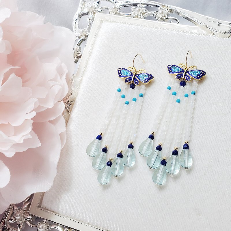 Natural blue halo moonstone blue turquoise lapis lazuli butterfly enamel tassel rich earrings single product - Earrings & Clip-ons - Gemstone Blue