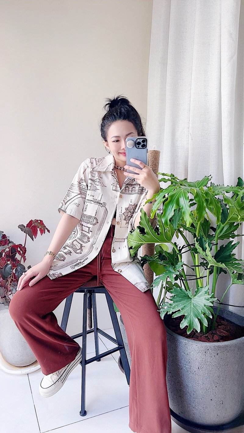 城市建築印花圖騰 棉質薄挺版襯衫上衣罩衫shirt vintage 古著 - 女襯衫 - 棉．麻 多色
