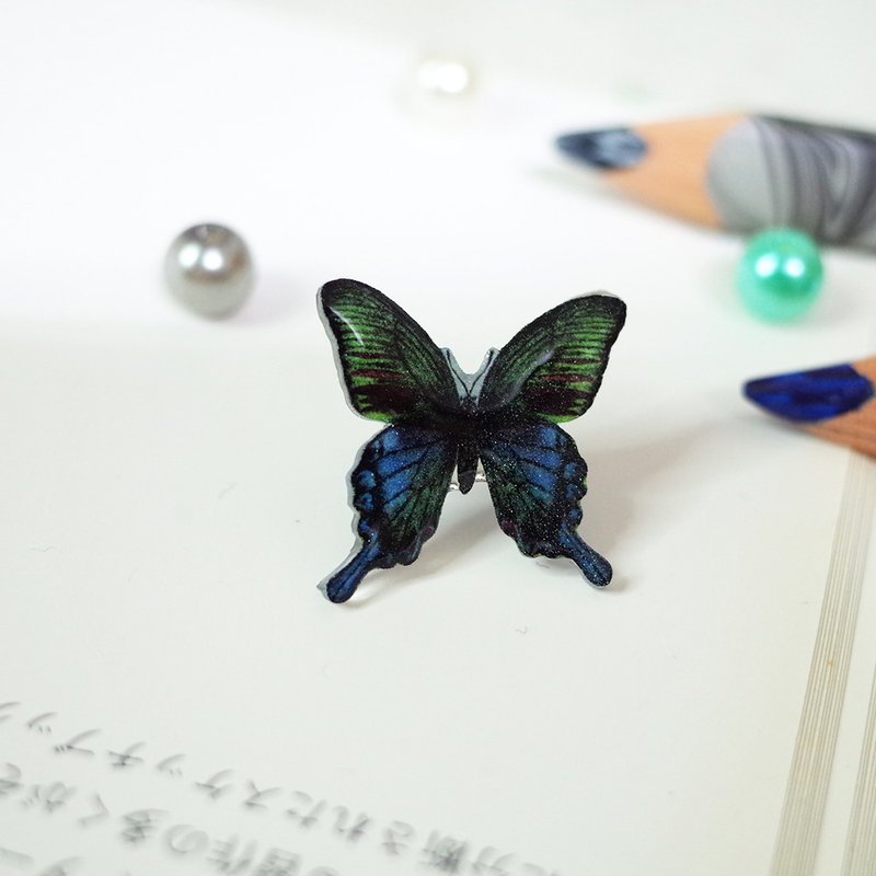 臺灣特有種 琉璃帶鳳蝶 醫療鋼耳骨夾 繪畫耳環 - 耳環/耳夾/耳骨夾 - 防水材質 黑色