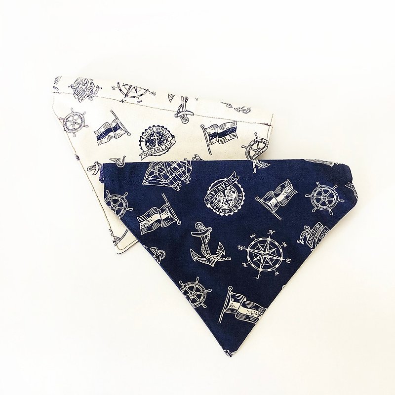 海洋軍艦2色の猫と犬のスカーフの装飾的な襟 - 首輪・リード - コットン・麻 ブルー