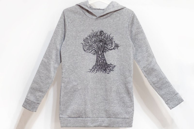 Women's feel hooded inner brushed long top warm hooded top - Thai crazy tree twist gray - Women's Tops - Cotton & Hemp Gray