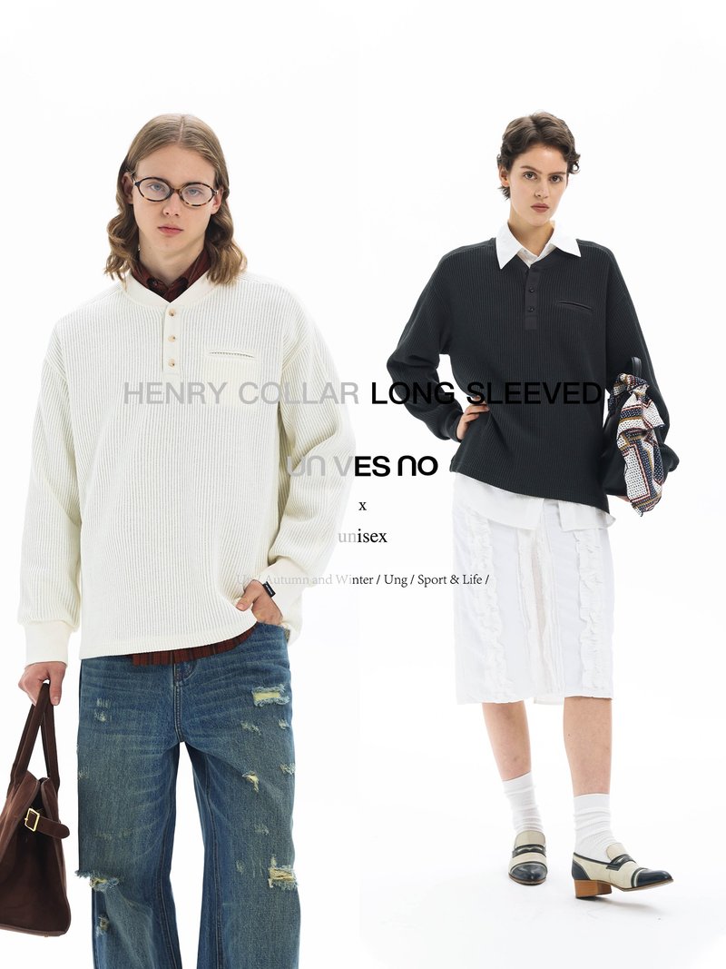 [Henry collar] Unvesno (UN) Minimalist old money style retro horizontal and vertical structure casual knitted long-sleeved T-shirt - สเวตเตอร์ผู้ชาย - วัสดุอื่นๆ 