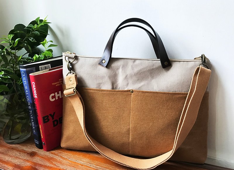 Hand-made custom-made laptop bag, laptop bag, portable strap, computer bag, laptop bag, laptop storage bag - กระเป๋าแล็ปท็อป - ผ้าฝ้าย/ผ้าลินิน สีนำ้ตาล